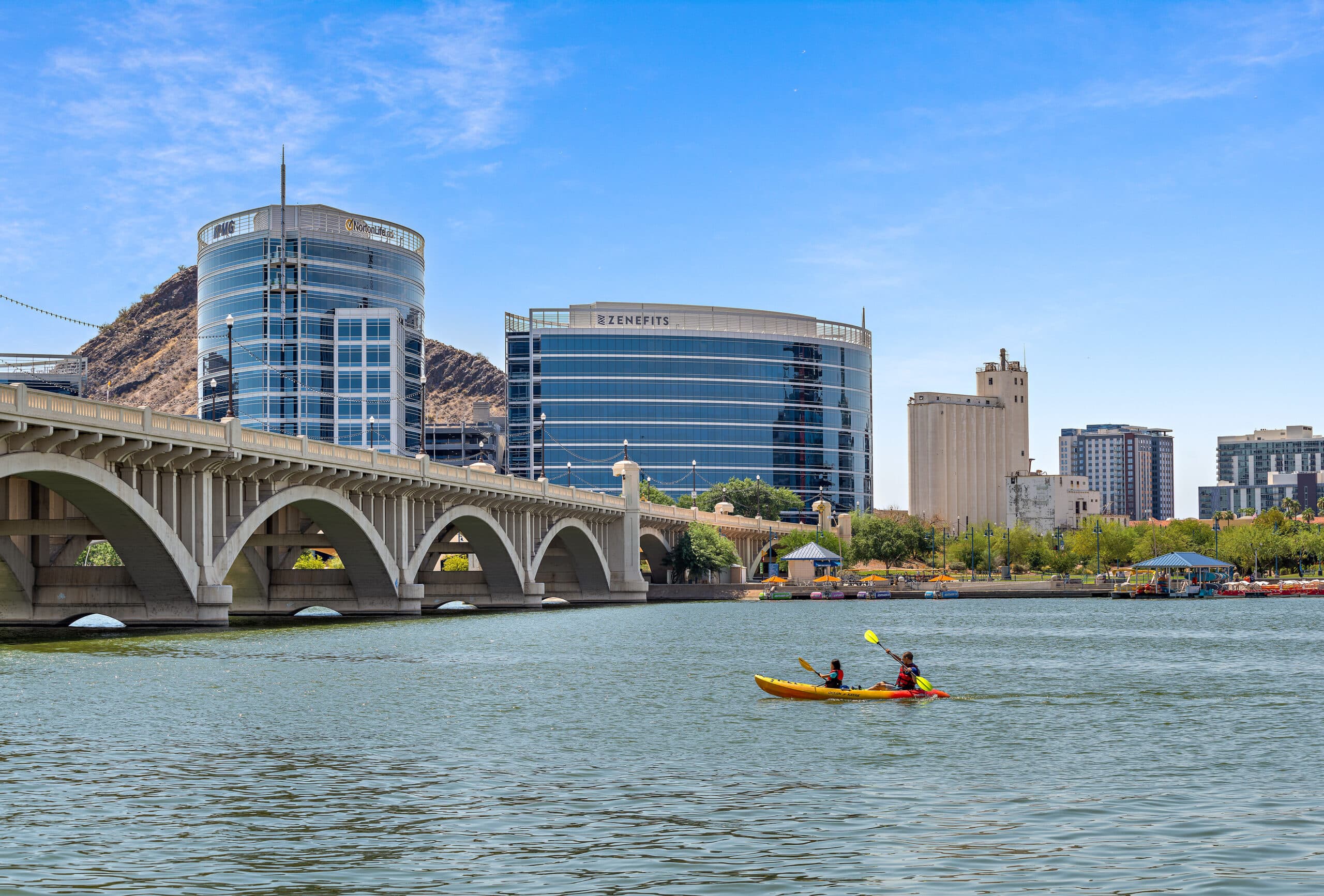 Two kayakers in the Tempe Town Lake.